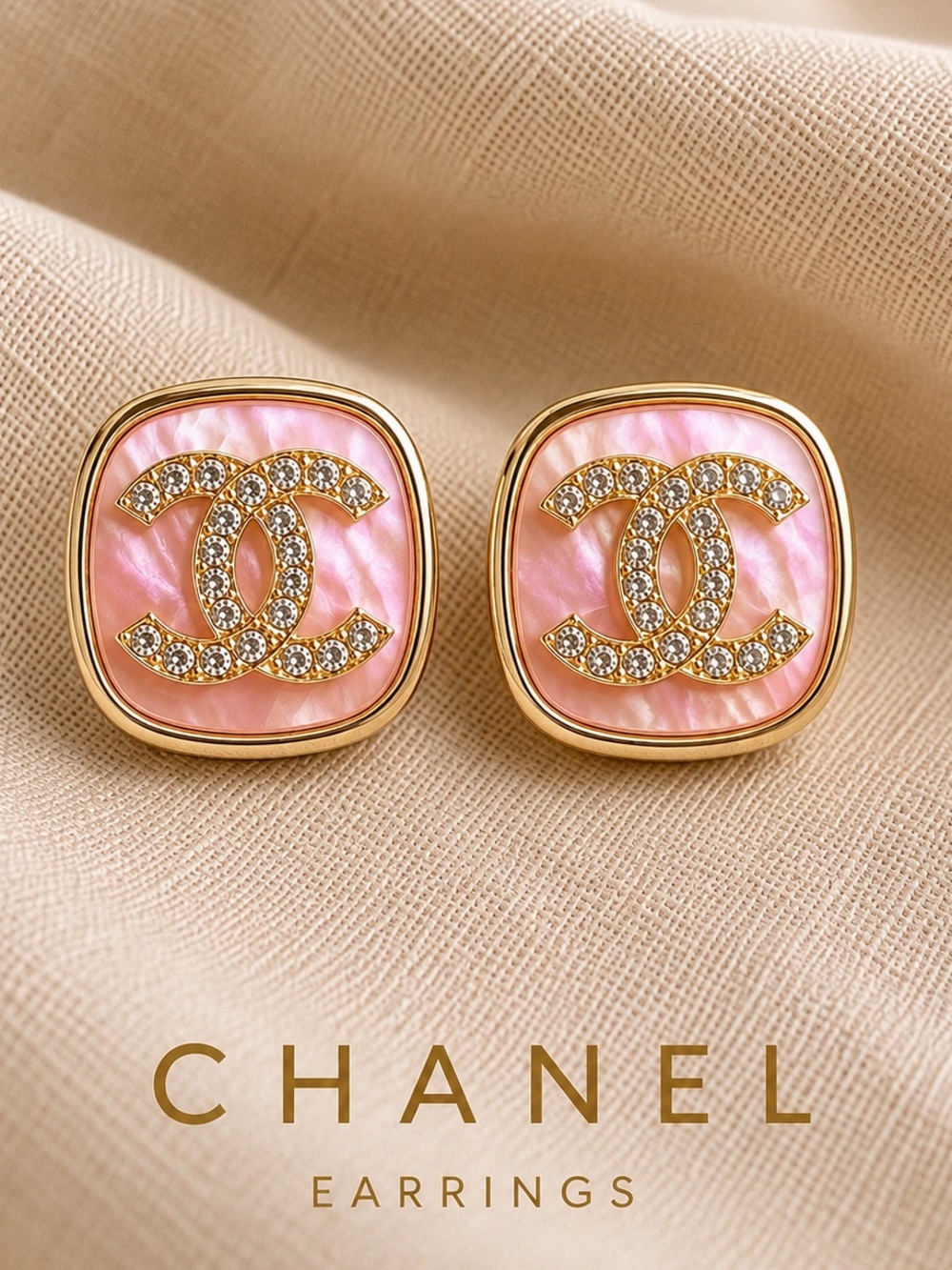 CHANEL Gold-Tone Pink Mother-of-Pearl CC Stud Earrings